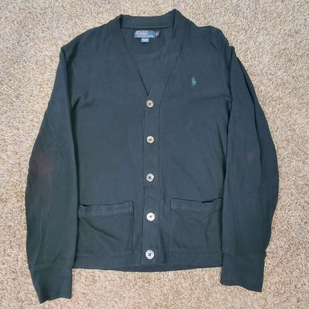 Vintage Polo Ralph Lauren Cardigan Button Up Sweater Mens Small Black Pique